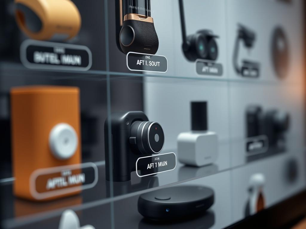 A realistic close-up of a product showcase section on a website, featuring multiple products displayed attractively. Each product has interactive AI buttons integrated, designed with a sleek and modern aesthetic. The background is minimalistic, allowing the products to be the focal point, reflecting professionalism and innovation.