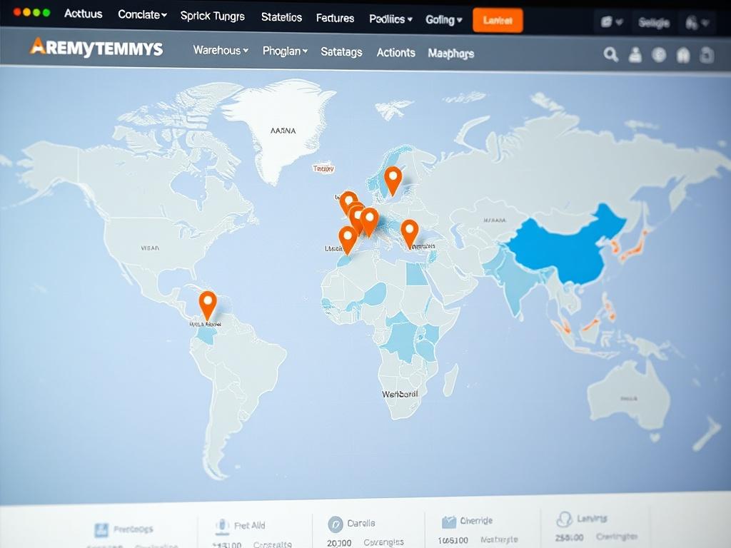 A high-resolution image of an interactive global warehouse map displayed on a website. The map is designed with clear markers indicating warehouse locations worldwide. The color scheme is consistent with Aremo Temmy Groups' branding, and the layout is user-friendly, inviting visitors to explore.