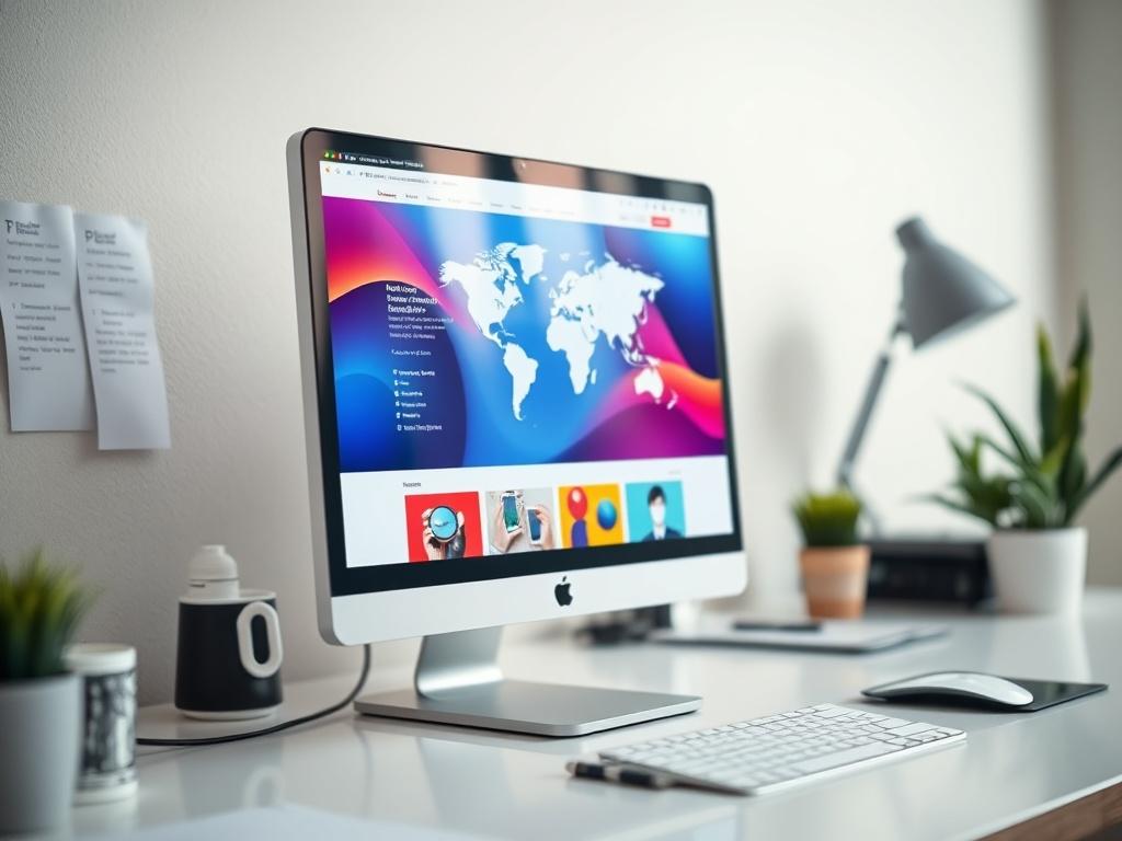 A close-up shot of a modern web design interface on a computer screen, showcasing vibrant colors and a sleek layout. The setting includes a clean desk with minimal clutter, and the background is softly blurred, emphasizing the screen's content. The design should reflect a professional, multinational aesthetic with global themes. The image captures the essence of digital creativity and innovation.
