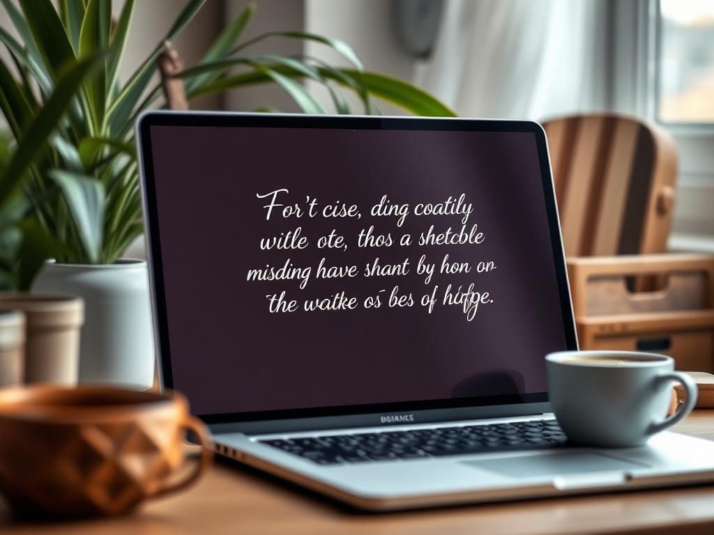 A close-up shot of a beautifully designed quote displayed on a digital screen, surrounded by a tranquil workspace. The screen should feature elegant typography and soft colors. The background includes elements like a plant and a coffee cup, creating a cozy and motivating atmosphere. The image should evoke feelings of inspiration and positivity.