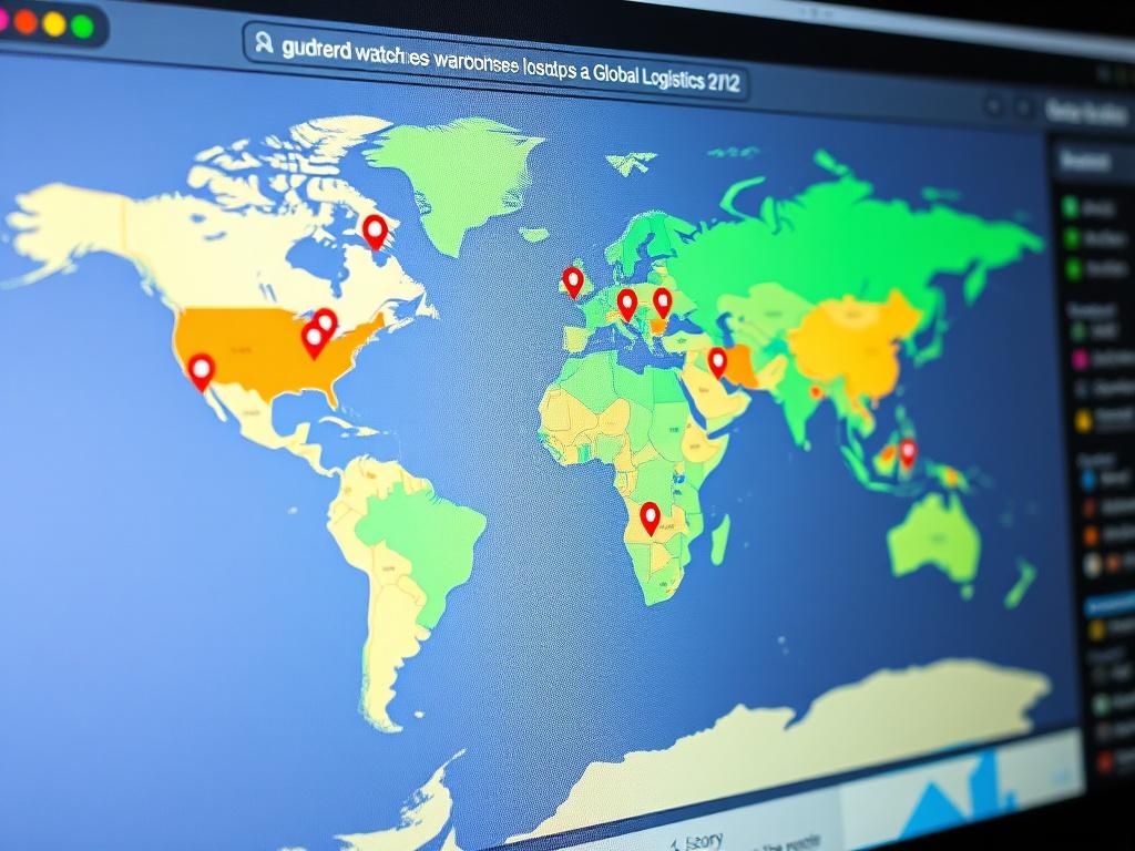 A close-up shot of an interactive global map displayed on a website, highlighting various warehouse locations. The map should be colorful and engaging, with clear markers indicating warehouse sites. The background is minimal to keep the focus on the map. The image conveys the idea of global logistics and connectivity.
