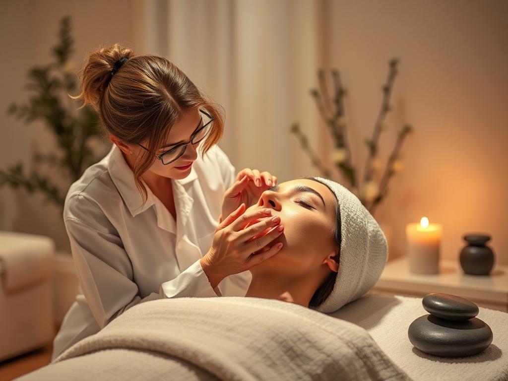 A serene beauty professional demonstrating a facial rejuvenation technique on