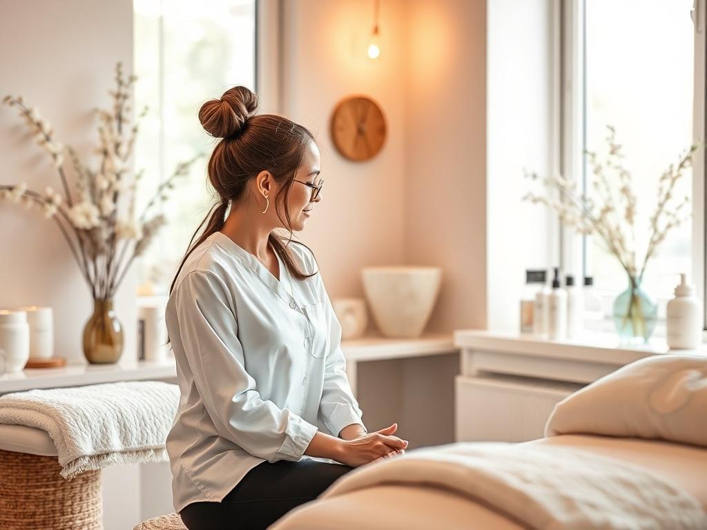 A beauty professional consulting with a client in a cozy,