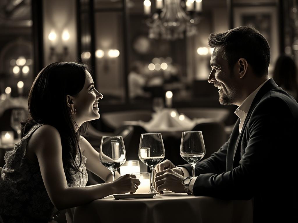 A couple enjoying a romantic dinner at an elegant restaurant, engaged in deep conversation. The ambiance is warm and inviting, with candlelight and soft music in the background. The couple appears connected and happy, showcasing genuine chemistry and interest in each other. The focus is on their expressions, reflecting joy and engagement in their relationship-building journey. The image is rich in detail, with a sophisticated atmosphere that embodies the essence of modern romance.