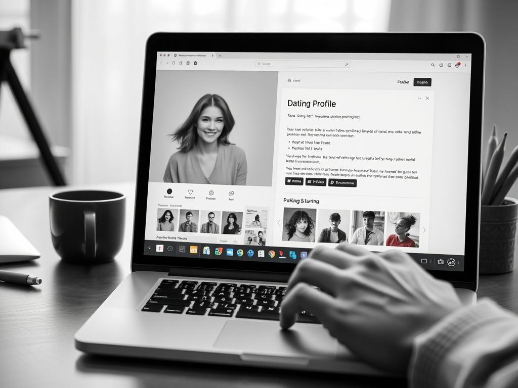 A close-up of a laptop screen showcasing a dating profile being edited. The screen displays a vibrant profile photo alongside an engaging bio. A hand is seen on the keyboard, suggesting active involvement in enhancing the profile. The background is a stylish workspace with soft lighting, creating a professional yet creative atmosphere. The overall image reflects an inspiring and dynamic approach to modern dating.