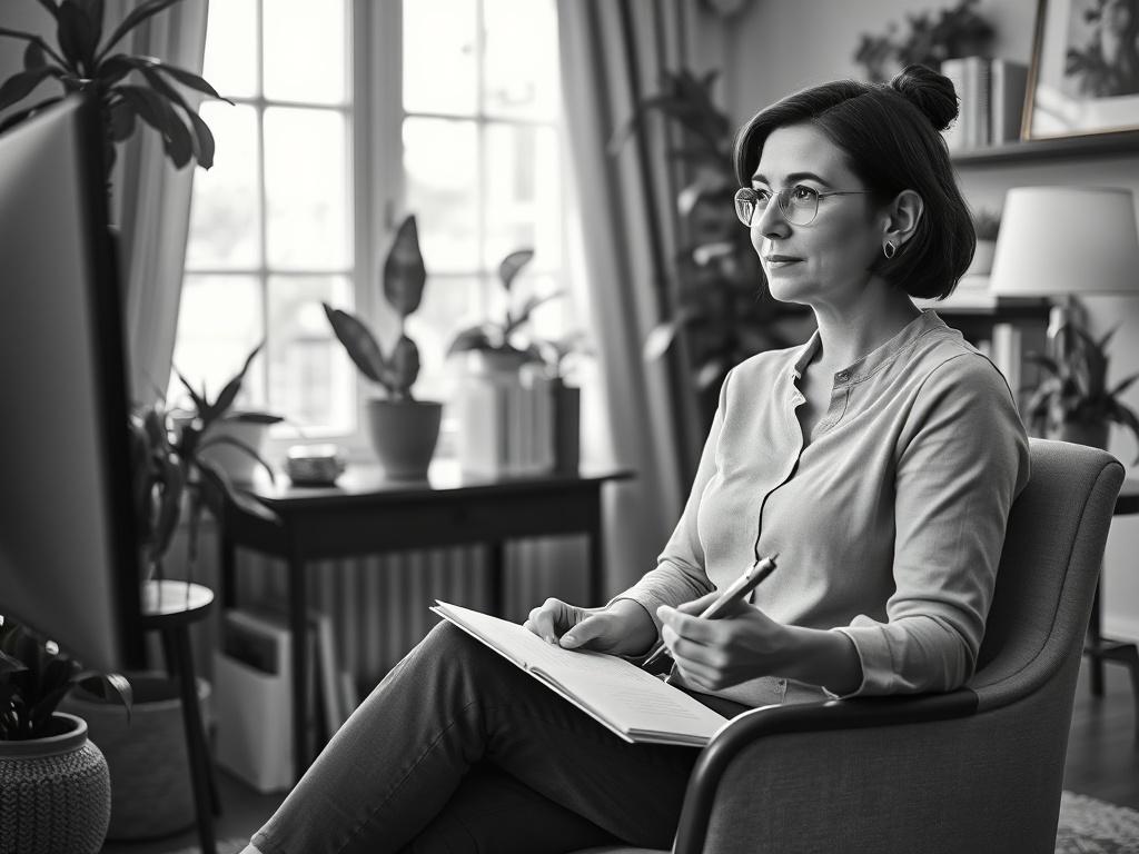 A woman sitting in a cozy, elegant office setting, engaged in a video call with a coach. The room is softly lit, filled with plants and books to create a warm, inviting atmosphere. The woman appears thoughtful and engaged, with a notepad and pen in hand, ready to take notes. The focus is on her expression of determination and hope. The color palette is soft with shades of gray and natural elements, reflecting a calm and supportive environment.
