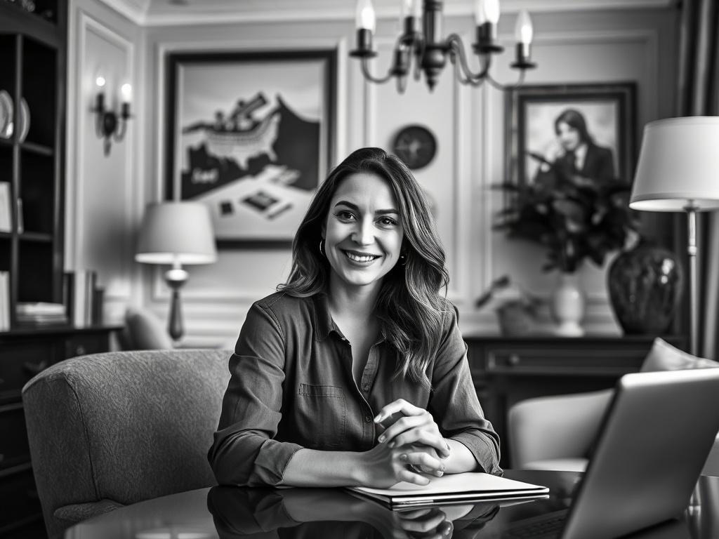 A high-resolution black and white image of a confident woman in a cozy, elegant office setting, engaged in a video call, discussing dating strategies. The background features soft lighting and tasteful décor, creating a supportive and inviting atmosphere. The woman should be smiling and focused, conveying warmth and expertise.