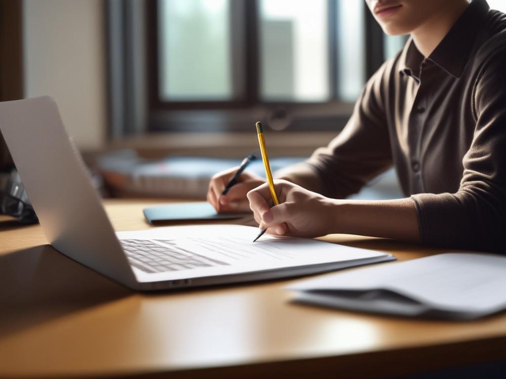 A hyper-realistic close-up shot of a young student writing an application essay at a desk, with a laptop open displaying college application guidelines. The desk is organized with notebooks and stationery, and a motivational poster is visible in the background. The lighting should be warm and inviting, emphasizing focus and creativity.