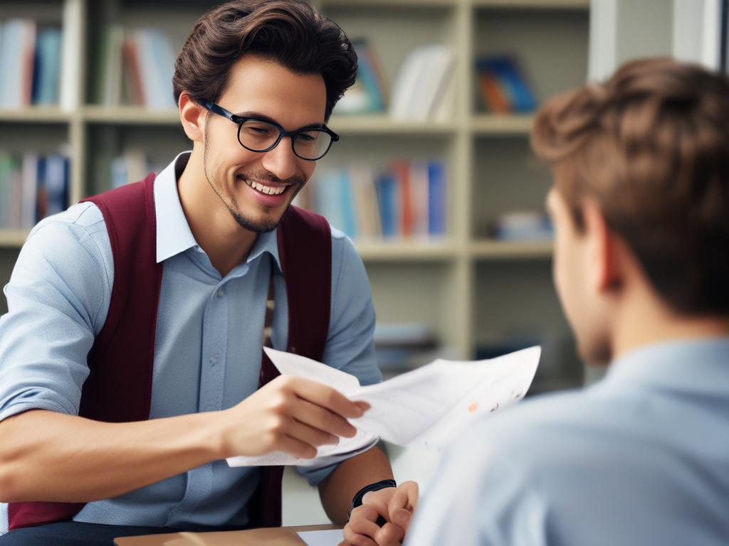 A hyper-realistic close-up shot of a college consultant engaging in a discussion with a student in a modern office setting. The consultant is holding a college brochure, while the student takes notes. The background features a bookshelf filled with educational resources and a plant for a touch of warmth. The overall ambiance should reflect professionalism and encouragement.