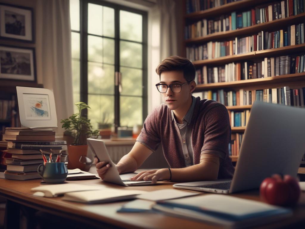 A hyper-realistic close-up shot of a student using a laptop in a cozy study room, focused on a college search website, surrounded by books and study materials. The background should have soft lighting with a hint of greenery visible through a window, creating an inviting atmosphere. The image should convey a sense of determination and focus on education.