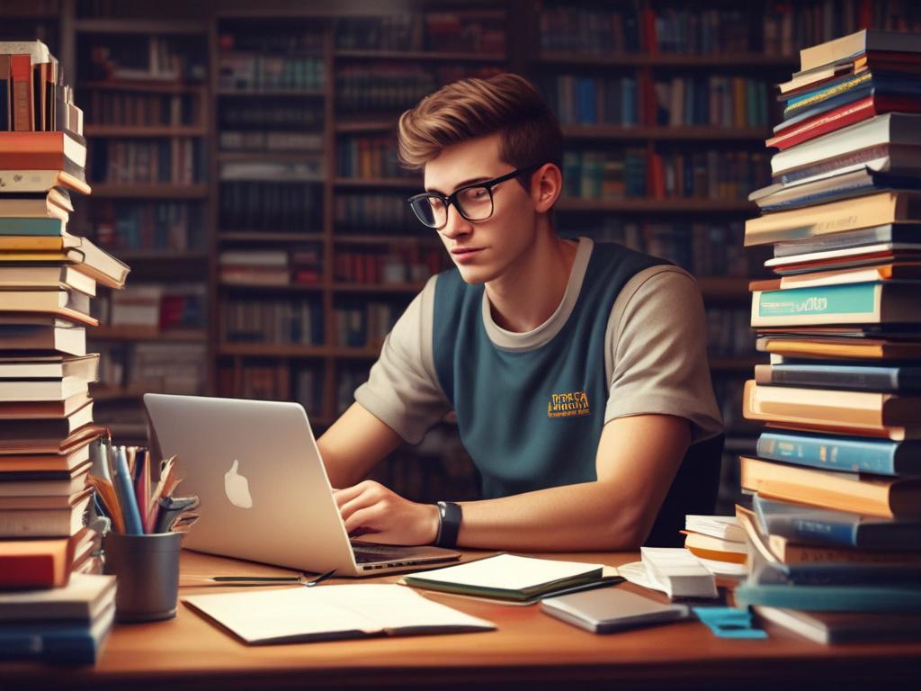A close-up shot of a student sitting at a desk, looking at a laptop displaying a college search website. The student has an excited expression, surrounded by books and notes. The background is softly blurred to keep the focus on the student and laptop, with a warm, inviting atmosphere. Shot with a 45mm f/1.2 lens.
