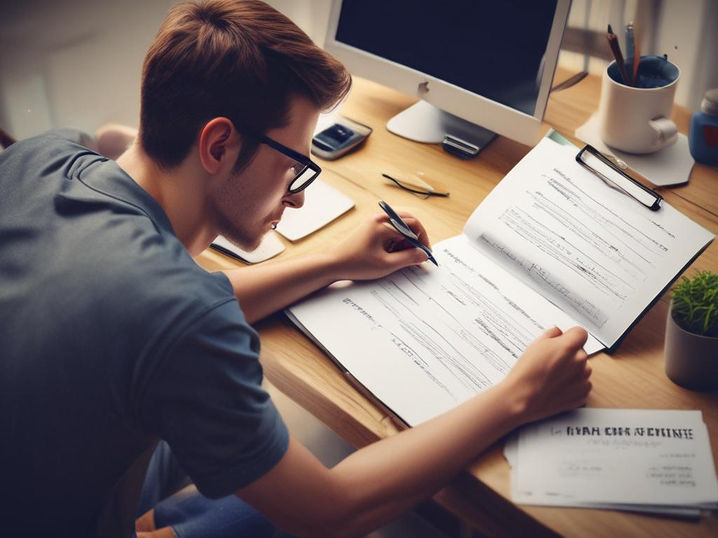 A close-up shot of a student filling out an online college application on a laptop. The student appears focused, with a notepad and pen nearby for notes. The background is softly blurred, highlighting the student and laptop, with a cozy study environment. Shot with a 45mm f/1.2 lens.
