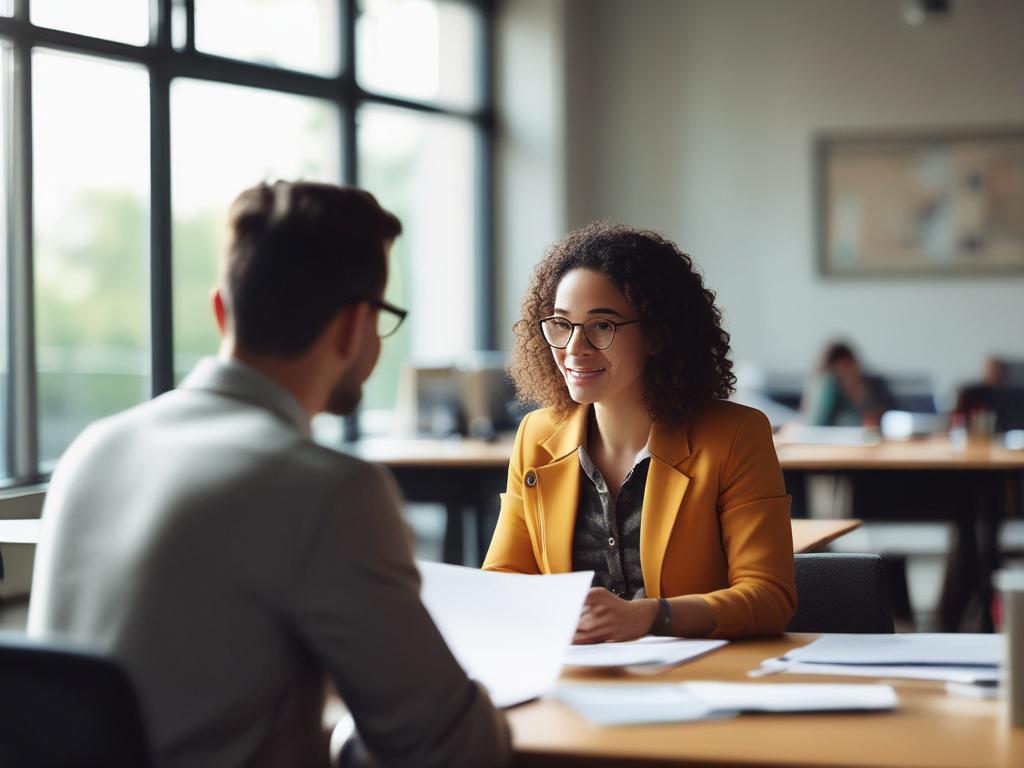 A close-up shot of a college advisor speaking with a student in a bright office setting. The advisor is gesturing towards a document, while the student listens intently. The background is soft and inviting, creating a warm atmosphere. Shot with a 45mm f/1.2 lens.