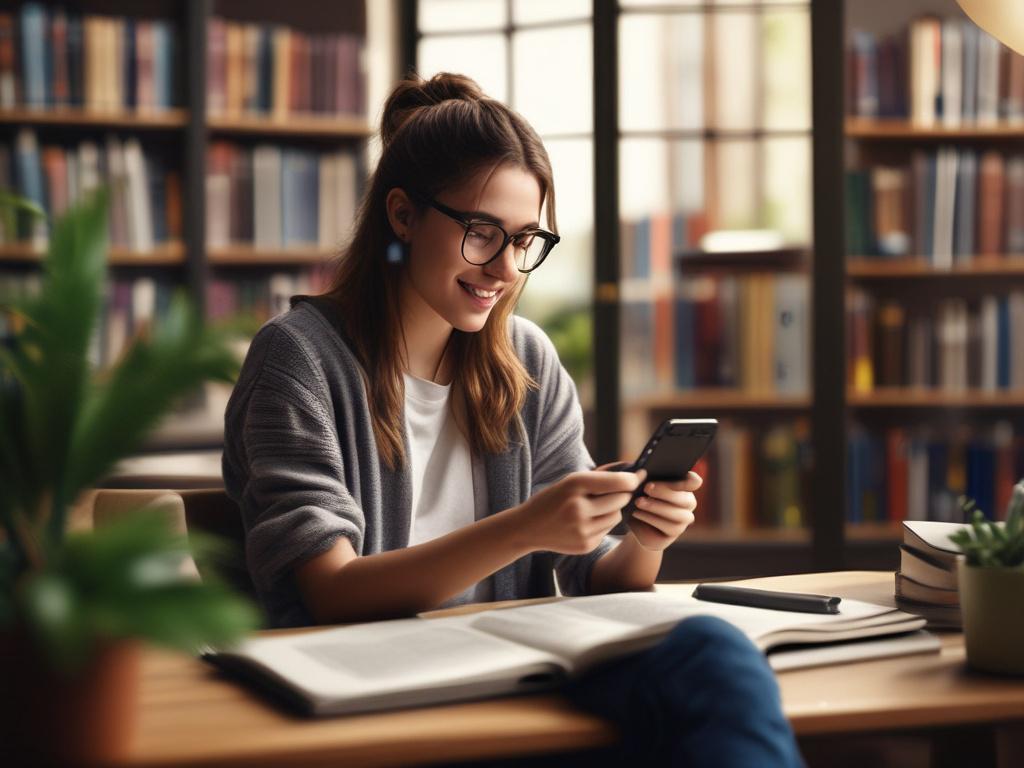 A close-up shot of a student checking notifications on their smartphone, with a look of excitement. The background features a cozy study area with books and a plant, creating an engaging atmosphere. Shot with a 45mm f/1.2 lens.