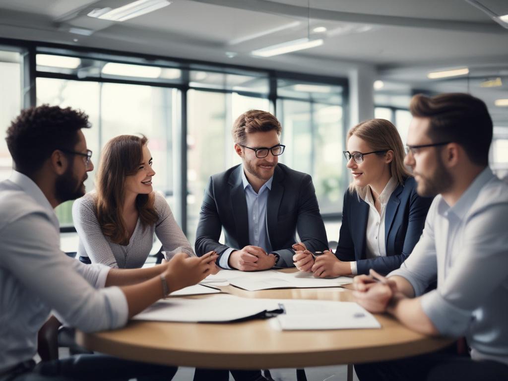 A professional office environment showcasing a team meeting in action, with diverse individuals discussing strategies. The image should focus on a group of engaged professionals collaborating, with a whiteboard filled with ideas in the background. The atmosphere should be vibrant and dynamic, reflecting teamwork and innovation. The setting should include modern office furniture and technology, with warm lighting to create a welcoming ambiance.