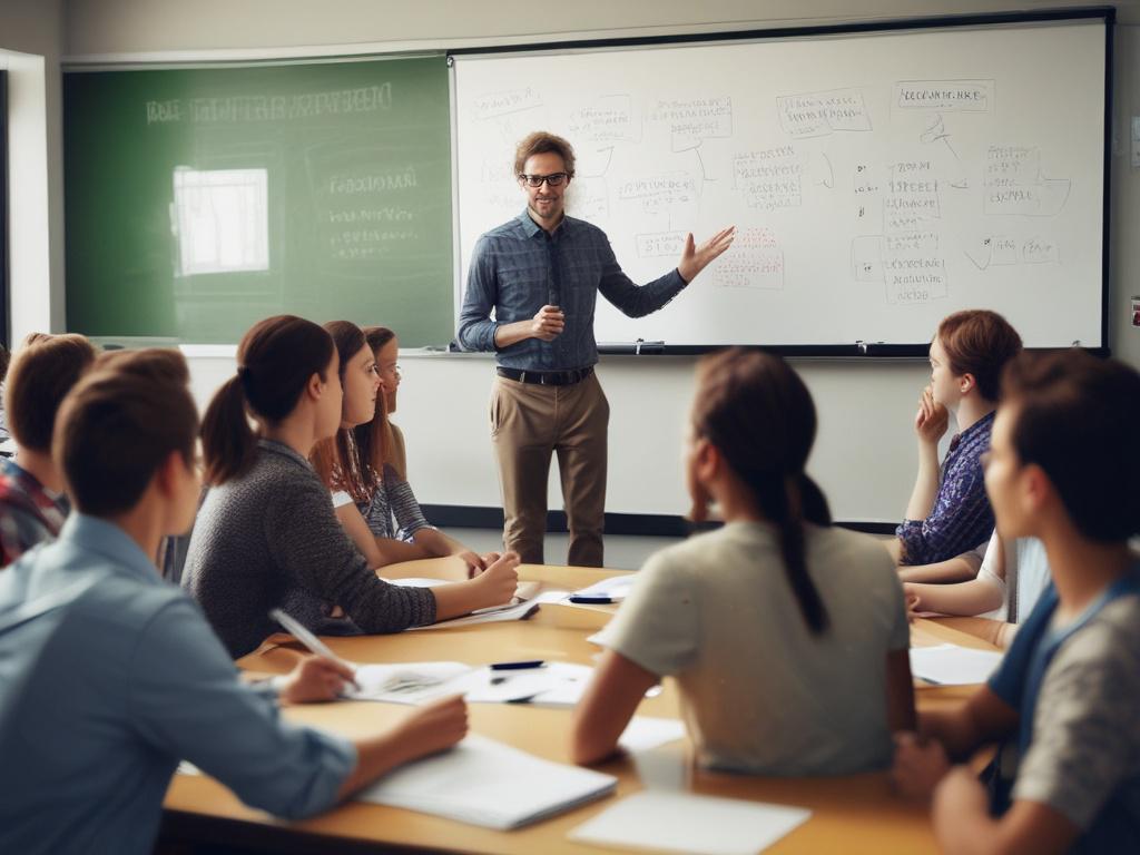 A high-resolution image of an educator engaging with students in a classroom setting. The focus should be on the educator explaining a concept using a whiteboard, with students actively participating. The classroom should be bright and inviting, filled with educational materials and technology, symbolizing an engaging learning environment.