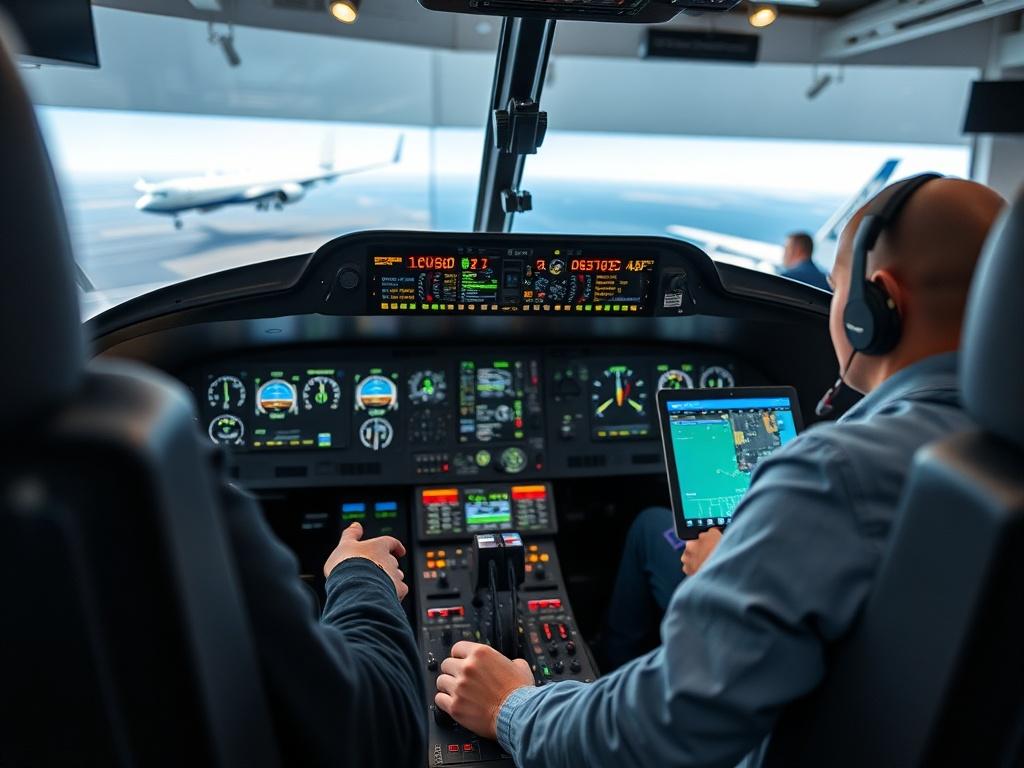 A realistic high-resolution photo of a modern aviation training facility, showcasing an advanced flight simulator in action. The image should have a clear composition with a focus on the simulator, highlighting its intricate controls and realistic design. The background should subtly depict the training environment with well-lit space, aviation-themed decorations, and students engaged in learning. The photo should capture the essence of innovation and excitement in aviation education, rendered in hyper-real
