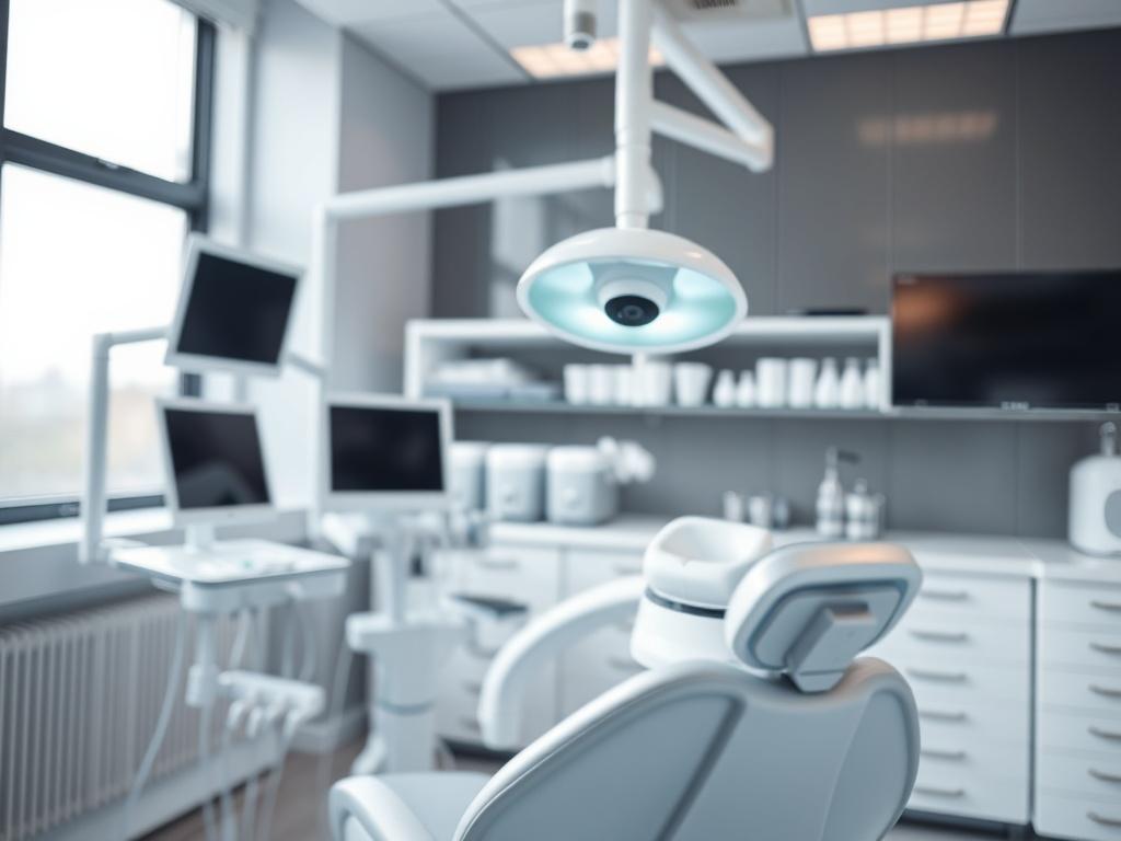 A close-up shot of a modern dental laboratory with high-tech dental equipment and tools. The focus should be on a dental chair with a state-of-the-art dental light above it, showcasing a clean, organized workspace. The background should be softly blurred to emphasize the dental chair, and the color palette should incorporate shades of white and blue to reflect a clinical yet inviting atmosphere. The image should evoke a sense of professionalism and advanced dental technology.