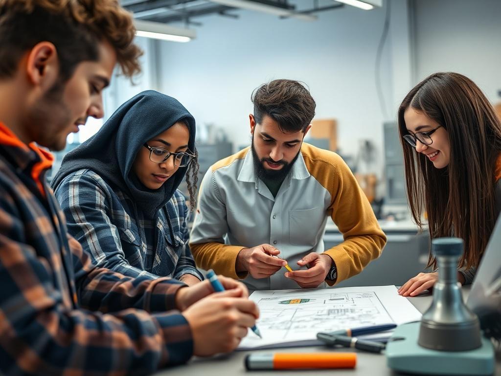 A realistic high-resolution photo of a young, diverse group of engineering students engaging in a hands-on project in a modern engineering lab. The students, representing various backgrounds, are collaborating over a technical drawing and a prototype. The lab is well-equipped, showcasing advanced tools and technology. The composition should focus closely on the students’ expressions of concentration and teamwork, with soft, natural lighting illuminating their faces and the workspace. The background should b