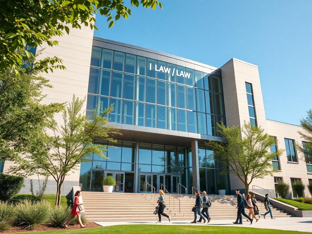 A realistic high-resolution photo of a modern law college campus, showcasing a grand entrance with students walking in and out. The architecture should be contemporary, featuring large glass windows and greenery surrounding the building. The composition should focus on the impressive facade of the college, with a clear blue sky in the background, shot with a 45mm f/1.2 lens to emphasize depth of field and vibrant colors.