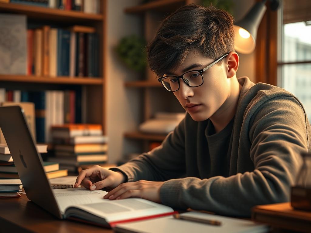 A focused student studying in a cozy study area, surrounded by textbooks and notes, with a laptop open displaying an online learning platform. The student looks engaged and determined, with a warm light creating a productive atmosphere, shot with a 45mm f/1.2 lens style.