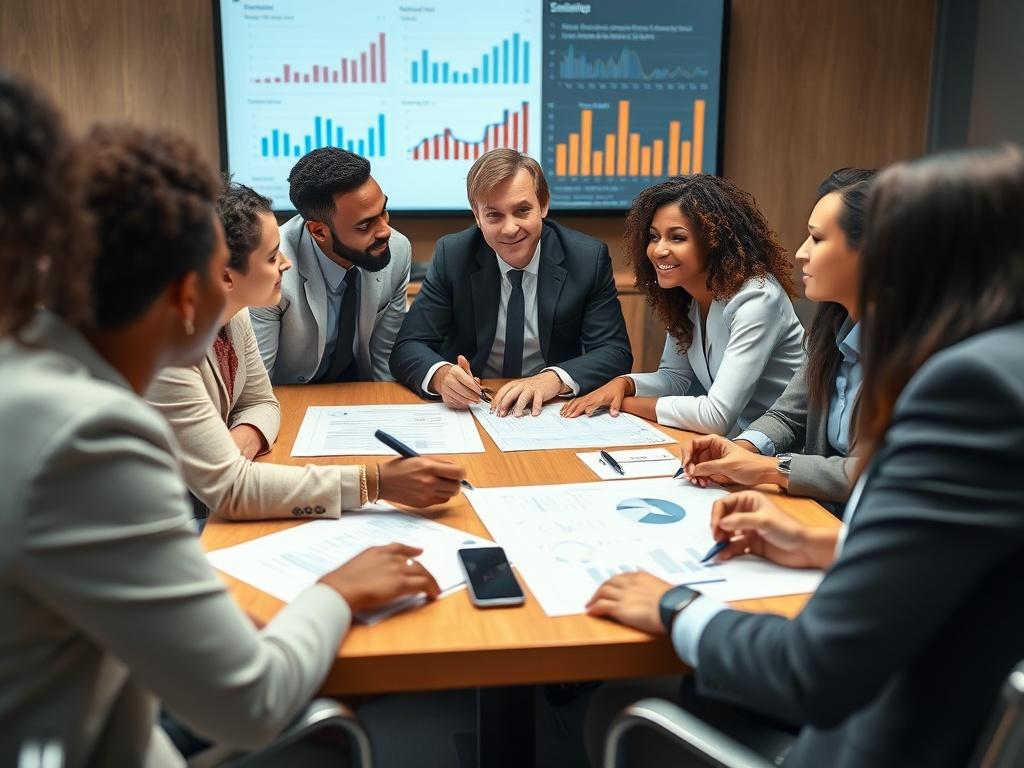 A close-up shot of a diverse group of business professionals discussing strategic plans around a conference table, with charts and graphs displayed on a screen in the background, showcasing a collaborative and innovative atmosphere. The focus is on their engaged expressions and the dynamic interaction, all rendered in hyper-realistic detail.