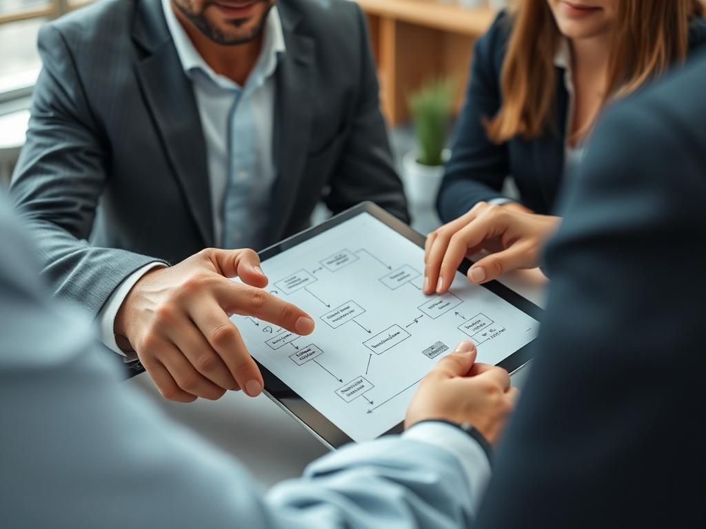 A hyper-realistic image of a business consultant reviewing process flowcharts with a client in an office setting, emphasizing clarity and efficiency. The scene captures the consultant's hands pointing to key areas of improvement on a digital tablet, showcasing a professional and collaborative environment.