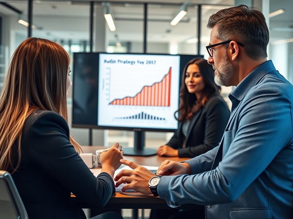 A high-resolution image of a consultant presenting growth strategies to a business team, with a focus on a detailed growth chart on a digital screen. The image should capture the team's engaged expressions and the consultant's confident demeanor, set in a modern office environment.
