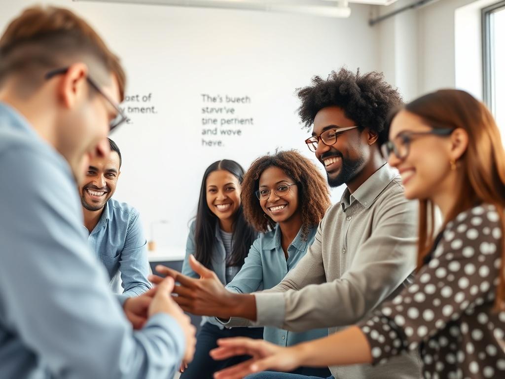 A close-up shot of a diverse group of employees engaged in a team-building exercise, smiling and collaborating. The setting is a bright, modern office space with natural light and inspirational quotes on the walls, showcasing teamwork and positivity.