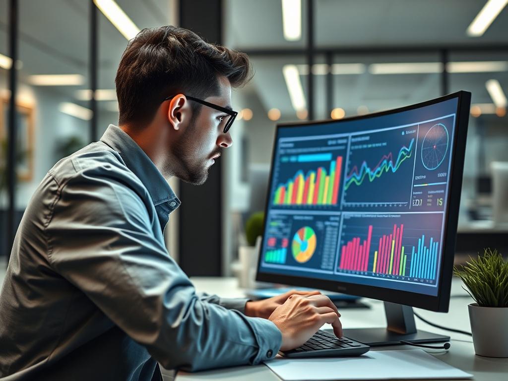 A close-up shot of a business analyst working with data visualization tools on a computer, with colorful graphs and metrics displayed on the screen. The environment is a sleek office, exuding a sense of innovation and intelligence.