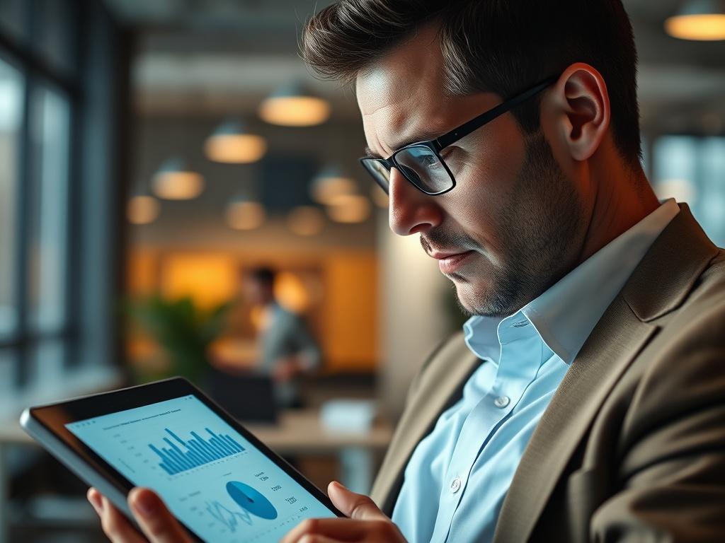 A close-up shot of a business consultant analyzing data on a digital tablet, with graphs and charts visible. The background shows a modern office setting, emphasizing professionalism and focus. The lighting is bright and inviting, capturing the determination in the consultant's expression.