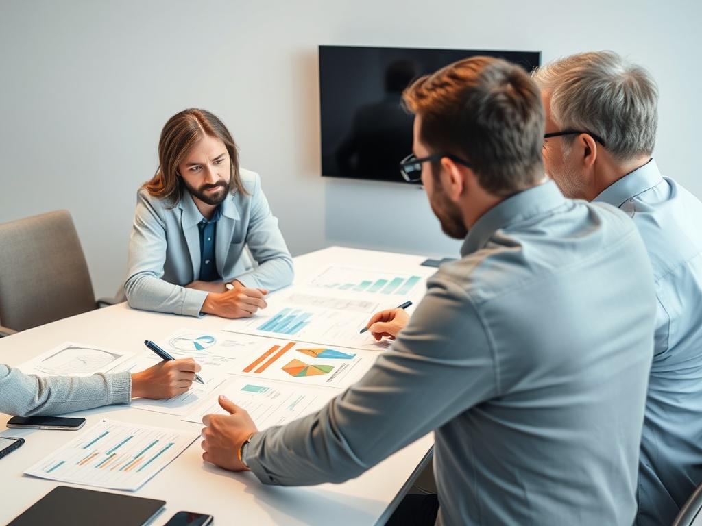 Ein realistisches, hochauflösendes Bild, das ein Team von Geschäftsberatern zeigt, das aktiv an einem Tisch mit Diagrammen und Notizen arbeitet. Der Fokus liegt auf einem Berater, der eine Präsentation hält, während die anderen aufmerksam zuhören. Der Hintergrund ist unscharf, um die Konzentration auf das Team und die Zusammenarbeit zu lenken. Die Farben sind lebhaft und harmonisch, um eine positive Arbeitsatmosphäre zu vermitteln.