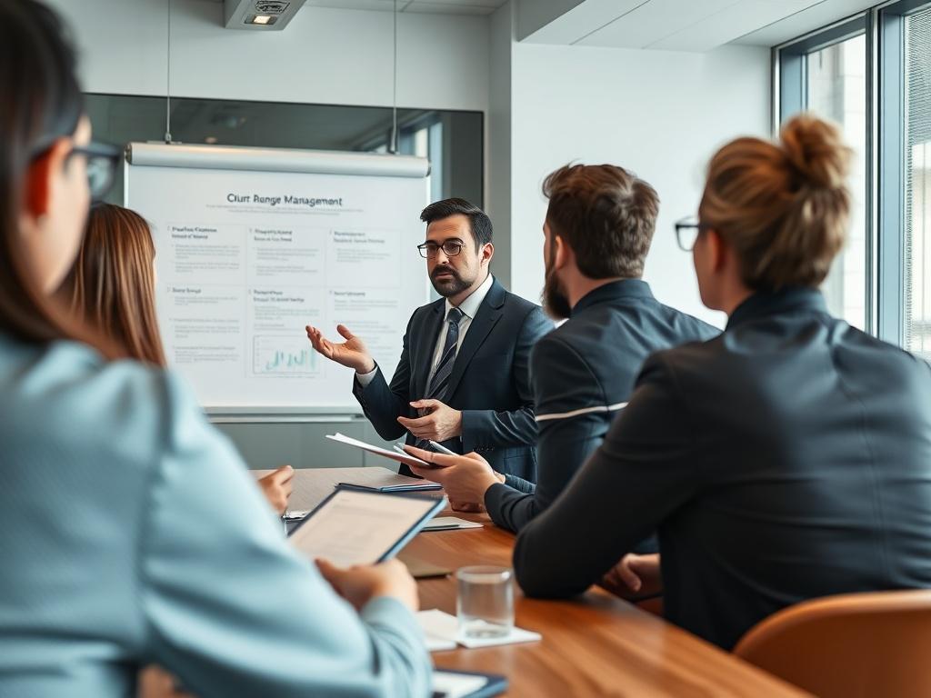 A close-up shot of a consultant guiding a team through a change management workshop, with participants actively engaging and taking notes. The setting is a professional meeting room, with visual aids and a whiteboard displaying key points. The atmosphere is collaborative and focused on positive change.