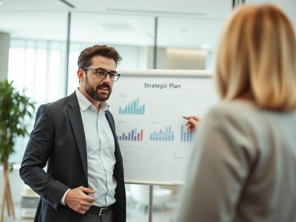 A close-up shot of a business consultant presenting a strategic plan on a flipchart, with graphs and charts visible. The setting is an office with a modern design, featuring a clean and professional atmosphere. The consultant is engaged and appears confident, with a focus on the plan being discussed. The lighting is bright and inviting, emphasizing the importance of strategic planning for business success.