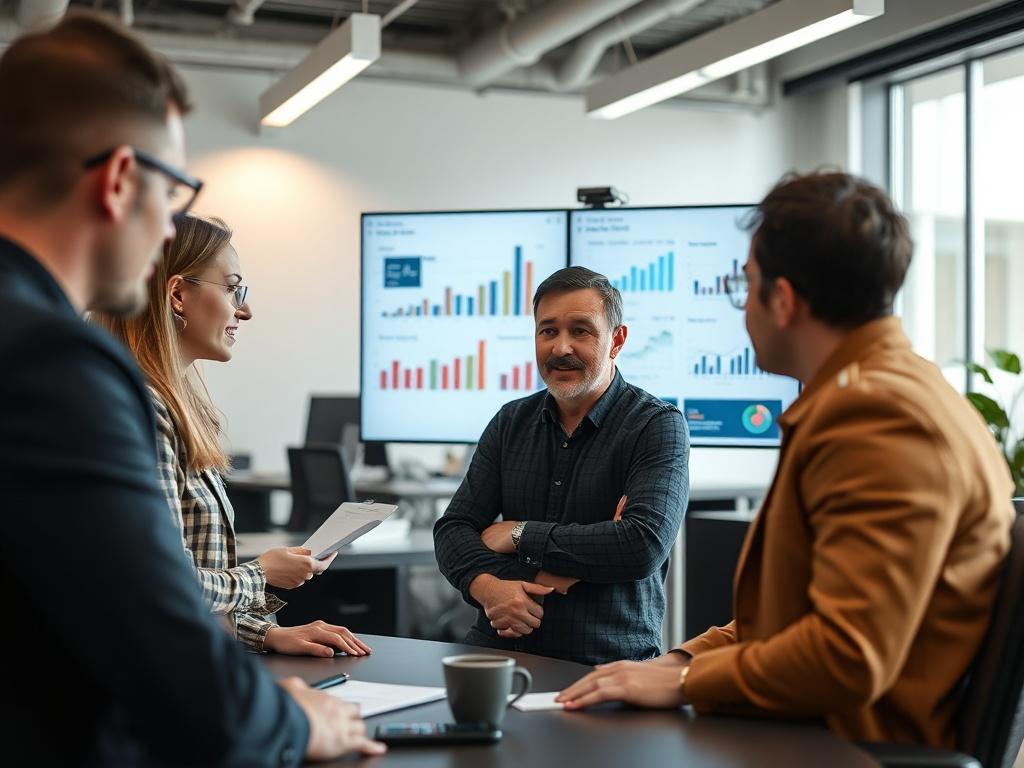 A close-up shot of a team in a modern office environment discussing efficiency strategies, with charts and data on a screen. The team appears engaged and collaborative, emphasizing the importance of optimizing processes for business success. The background features a clean, organized workspace, highlighting a productive atmosphere.