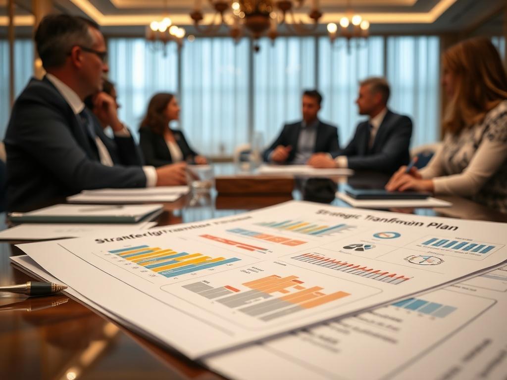 A close-up shot of a strategic transformation plan document, featuring colorful graphs and bullet points. The setting is an elegant conference room with a business team engaged in discussion. The focus is on the document, highlighting the importance of strategic planning and teamwork in organizational transformation.