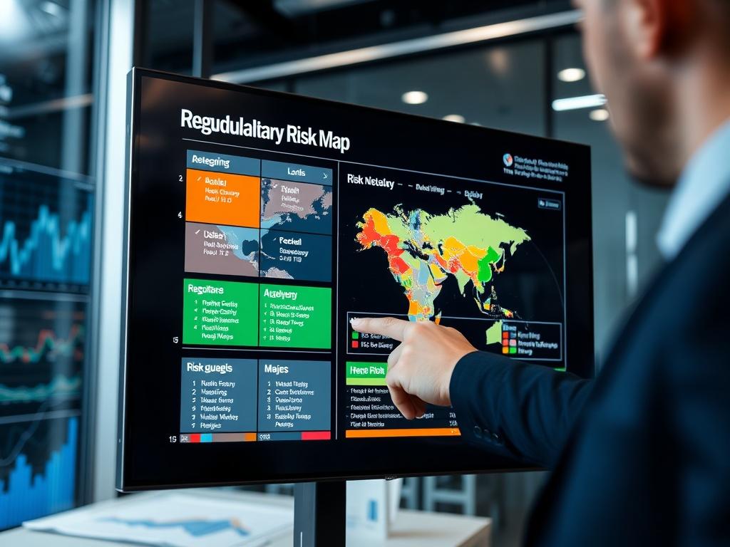 A detailed view of a regulatory risk map displayed on a digital screen in a corporate setting, showcasing various risk categories and their corresponding levels. The image captures a business analyst pointing at the map, with charts and graphs in the background. The setting is sleek and modern, emphasizing data-driven decision-making and strategic planning.