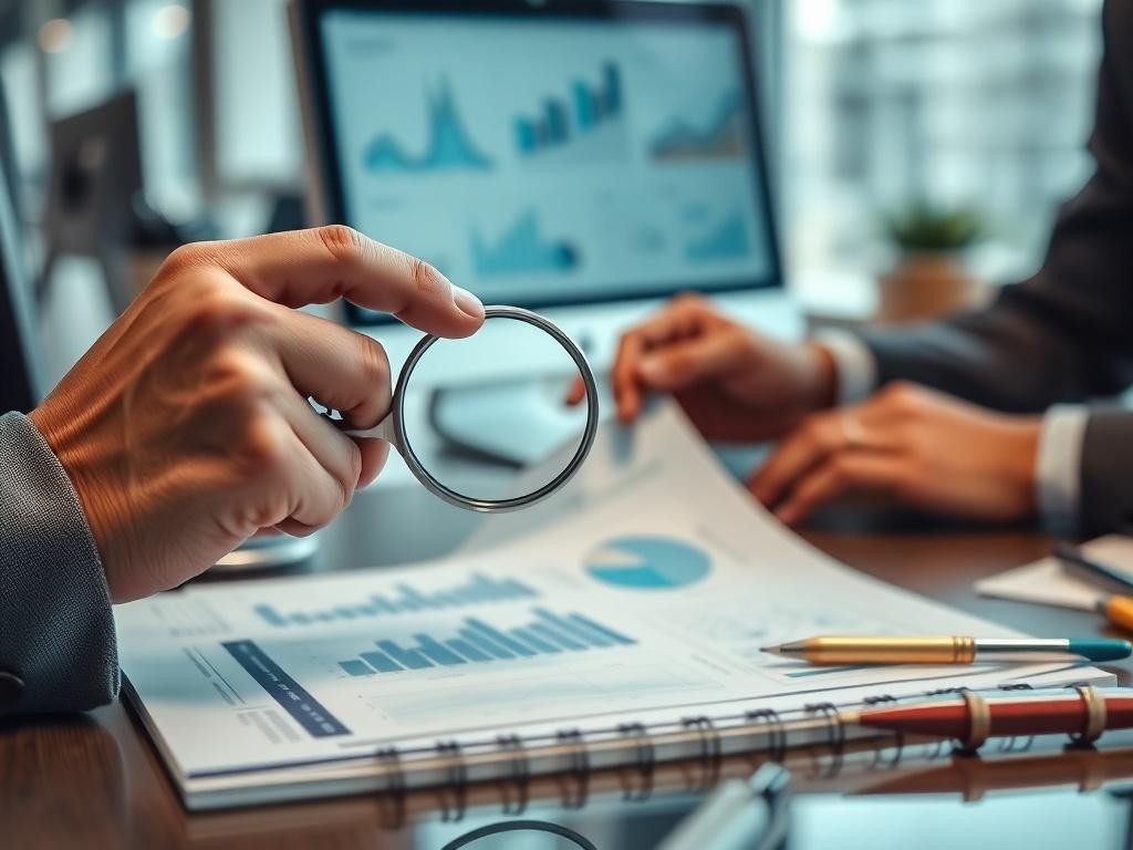 A close-up shot of a business consultant analyzing documents and charts related to compliance and governance, set in a modern office environment. The focus is on the consultant's hands pointing at a document with a magnifying glass, conveying thorough analysis. The background is slightly blurred, showcasing a well-organized workspace with a computer and notebooks, creating an atmosphere of professionalism and attention to detail.