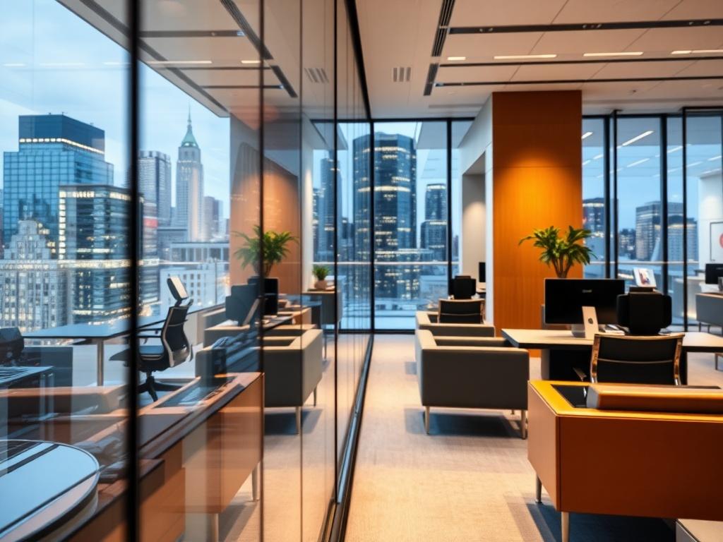 A hyper-realistic close-up shot of a modern banking office in Frankfurt, showcasing a serene and professional environment. The focus is on a glass wall with a city skyline view, emphasizing the financial district. The lighting is bright and inviting, highlighting the sleek furniture and technology within the office space.
