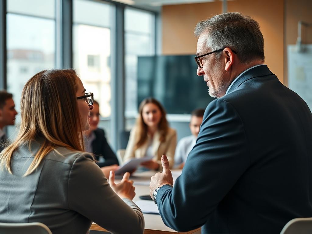 A hyper-realistic close-up shot of a change management consultant conducting a workshop with employees. The scene shows an engaging atmosphere with interactive activities and participants actively discussing. The setting is a modern training room, highlighting collaboration and team engagement.