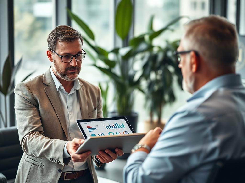 A hyper-realistic close-up shot of a business consultant discussing optimization strategies with a client in a modern office setting. The consultant is presenting a digital tablet with graphs and charts. The background features a sleek office decor with plants and large windows allowing natural light, capturing a professional yet inviting atmosphere.