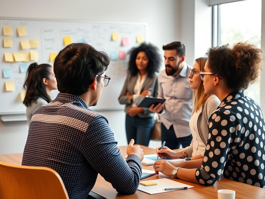 A hyper-realistic close-up shot of a strategic planning session in a conference room. A diverse team is engaged in a brainstorming session with sticky notes and a whiteboard filled with ideas. The setting is bright and collaborative, showcasing a dynamic environment where innovative strategies are developed.