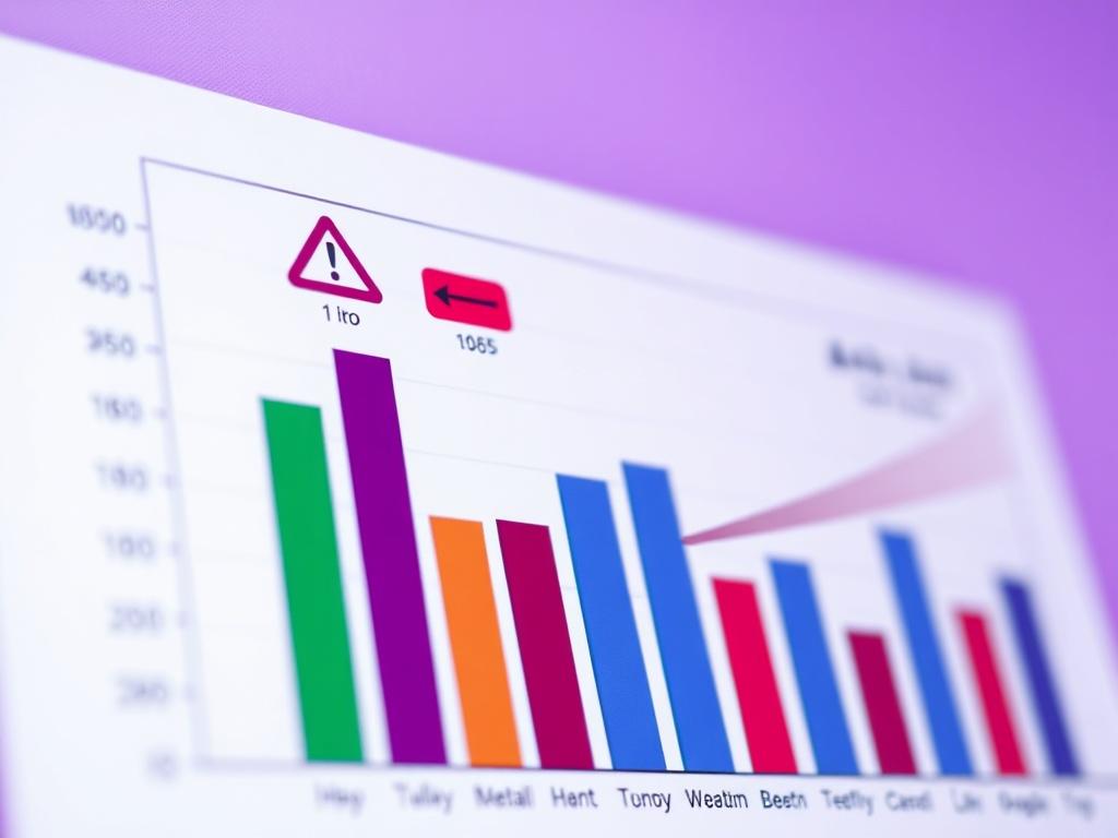 A close-up shot of a bar chart with attention signs, showcasing data visualization techniques. The chart should have vibrant colors, clear labels, and an appealing layout. The background should be simple and unobtrusive, focusing on the bar chart itself, with a slight emphasis on the color purple (rgb(69, 10, 186)). This image should convey clarity and professionalism, suitable for a management consulting service.