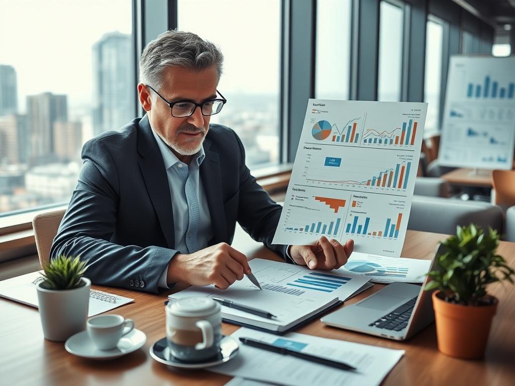 A realistic high-resolution photo of a business consultant analyzing data on a laptop, surrounded by charts and graphs, in a bright and modern office setting. The consultant, a middle-aged man in a suit, focuses intently on the screen, while a notepad with notes, a coffee cup, and a potted plant are visible on the desk. The background shows a large window with a view of a cityscape, conveying professionalism and a dynamic business environment.