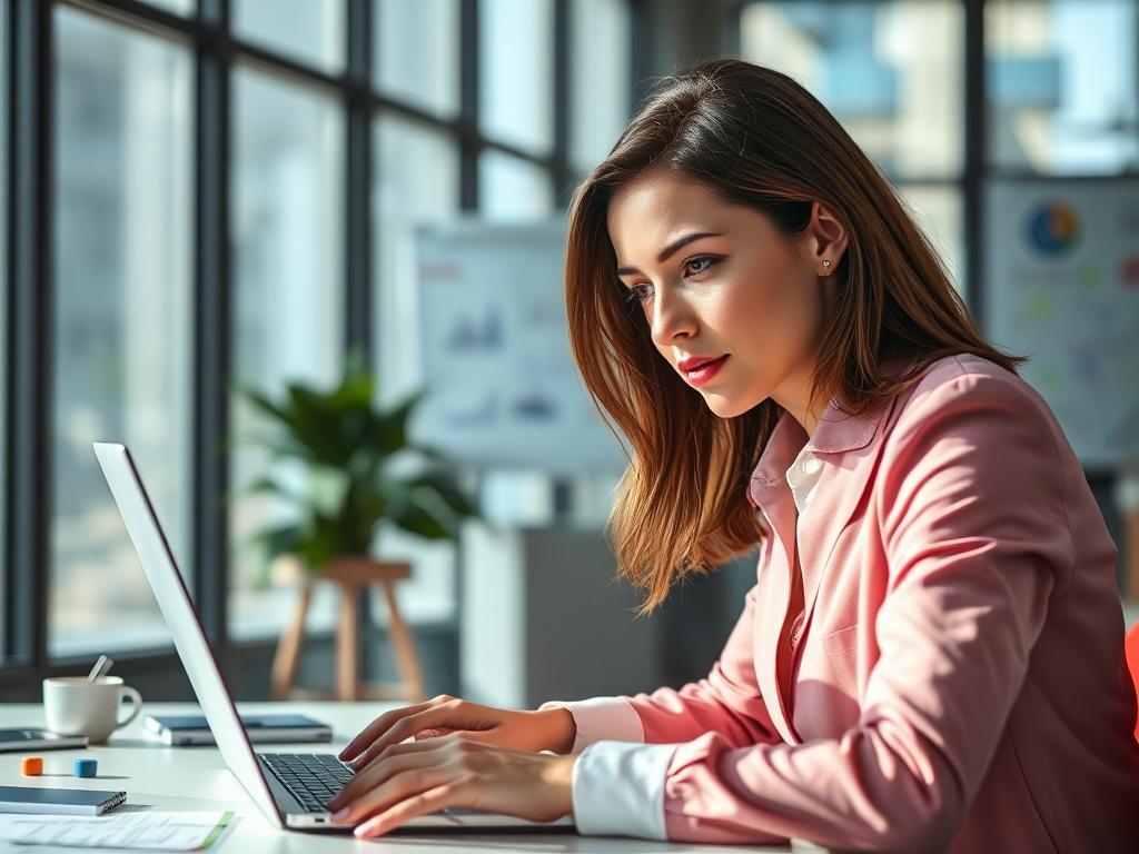 Create a realistic, high-resolution photo that embodies the theme of effective management strategies for businesses, titled "Effektive Managementstrategien für Unternehmen." The composition should be simple and clear, focusing on a single subject: a confident business professional (a woman in her 30s, wearing formal attire, with a laptop open on a desk) engaged in a strategic planning session. 

The background should consist of a bright, modern office environment, characterized by large windows allowing nat