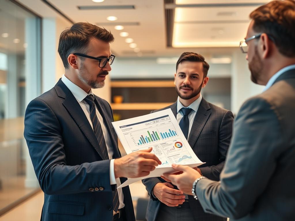 A close-up shot of a business consultant discussing compliance frameworks with a banker in an office setting. The consultant is pointing at a document with compliance charts and data visualizations, while the banker listens attentively. The background features a sleek office with modern design elements, subtly highlighting professionalism. The image is rendered in hyper-realistic detail, shot with a 45mm f/1.2 lens, emphasizing clarity and focus.