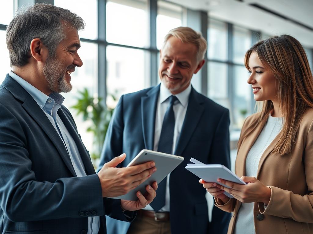 A close-up shot of a professional consultant engaging with a client in an office setting. The consultant is a middle-aged man in business attire, showing a friendly demeanor while holding a tablet. The client, a young woman, is attentively listening and taking notes. The background is a modern office with a large window allowing natural light to illuminate the space. The color scheme emphasizes shades of blue and white, creating a calm and professional atmosphere.