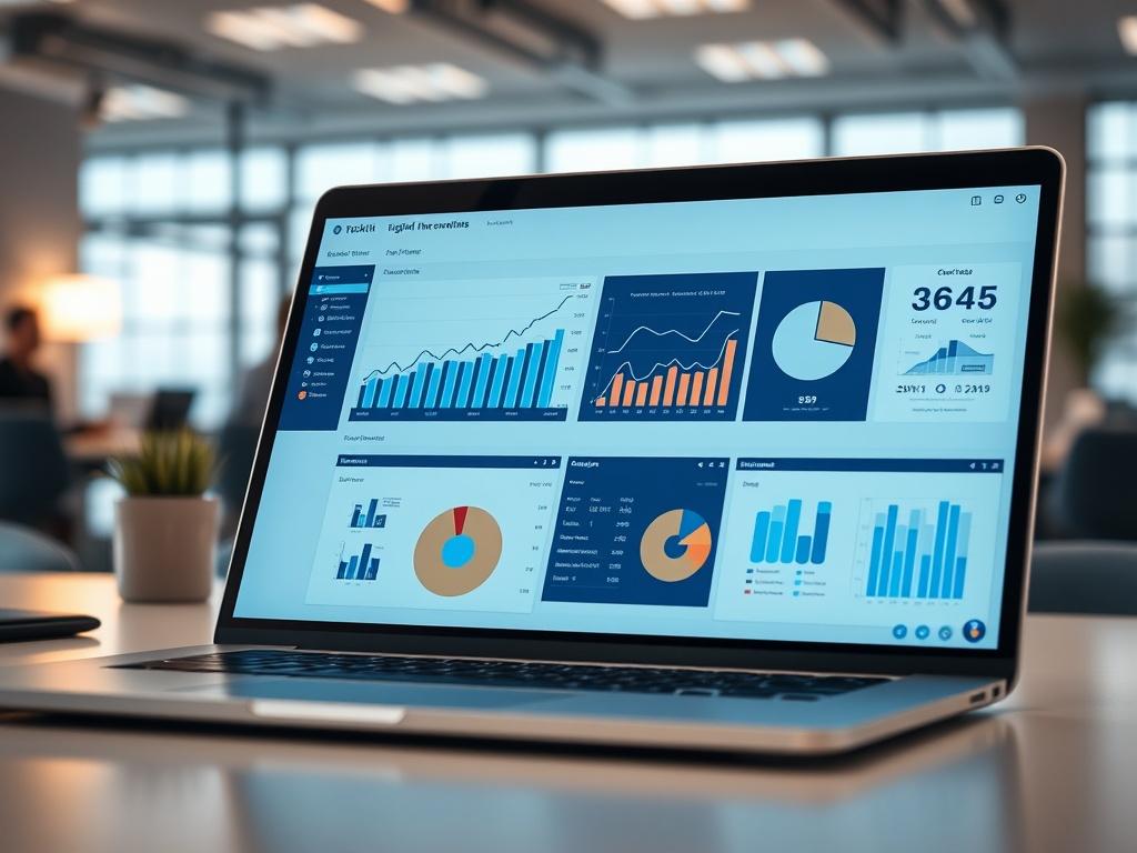 A hyper-realistic image of a digital toolkit displayed on a laptop screen, with graphs and charts visible. The background shows an office setting, emphasizing a professional atmosphere. The focus should be on the screen's content, showcasing analytical tools.