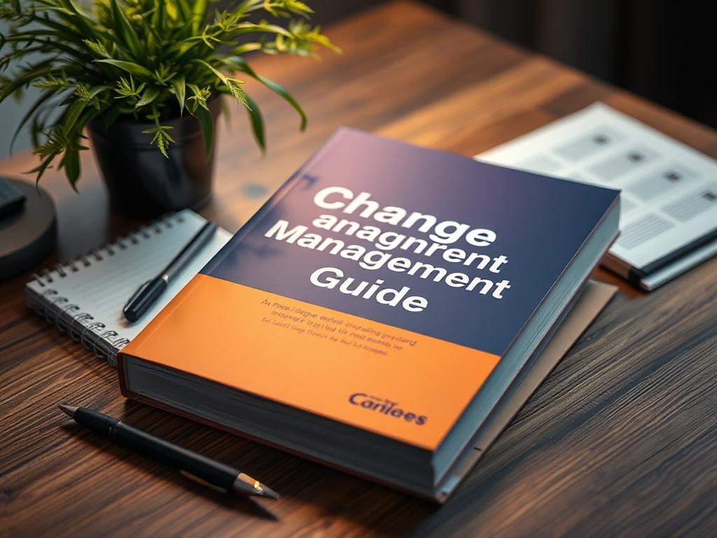 A hyper-realistic image of a professional guidebook titled 'Change Management Guide' on a desk, surrounded by a notepad, pen, and a plant. The background should be soft-focused, emphasizing the guidebook's cover and some highlighted sections.
