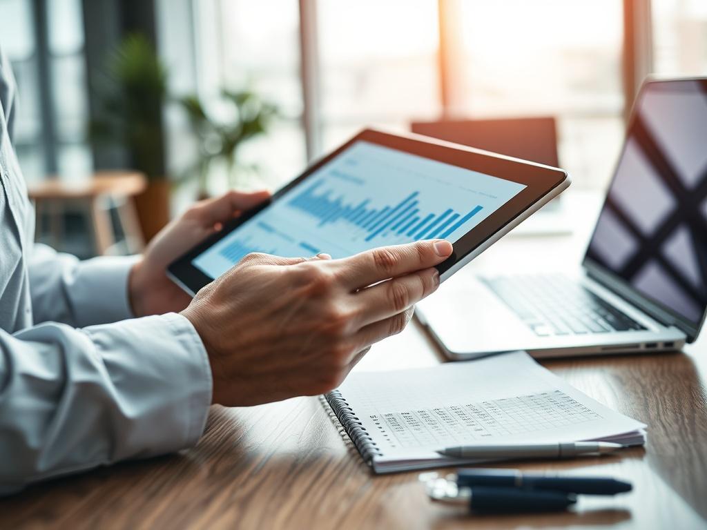 A close-up shot of a business consultant analyzing graphs and data on a digital tablet, with a focus on identifying failure patterns in a corporate setting. The background should be an office environment with a modern design, featuring a desk, a laptop, and a notepad scattered with notes. The lighting should be bright and professional, enhancing the atmosphere of diligence and analysis.